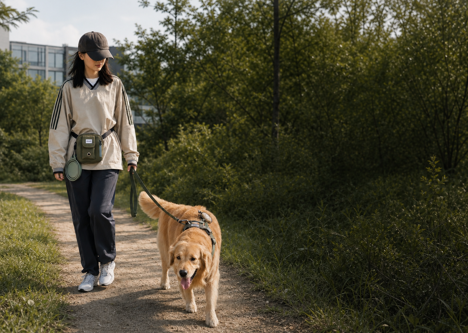 A pet parent and golden retriever walking together with selected walk equipment in view